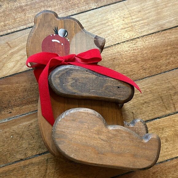 Vintage Hand Painted Wooden Jointed Sitting Teddy Bear with Red Bow- Shelf Decor - Picture 2 of 8
